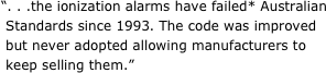 “. . .the ionization alarms have failed* Australian  Standards since 1993. The code was improved  but never adopted allowing manufacturers to  keep selling them.”